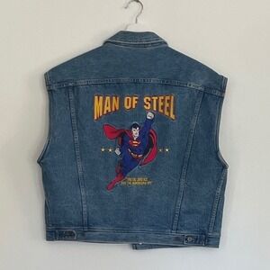 Vintage DC Comics Superman Man of Steel Embroidered Denim Vest Blue Large 0469‎